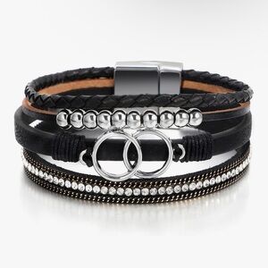 Layered Black Leather Bracelet with Silver Rings and Rhinestones